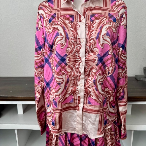 Her Bottari Button Down Shirt Skirt Set Pleated Skort Plaid Women's Size L - Picture 8 of 12